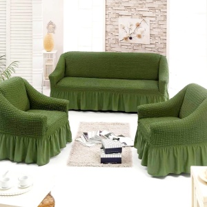 Set huse elastice si creponate pentru canapea 3 locuri si 2 fotolii, cu volanas, culoare Verde