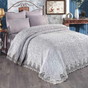 Set Luxury pentru pat, Patura cu dantela + Cearceaf de pat + 4 fete de perna, Gri