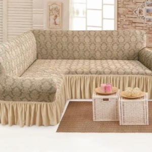 Husa elastica pentru coltar, cu volanas, model Jacquard Bej