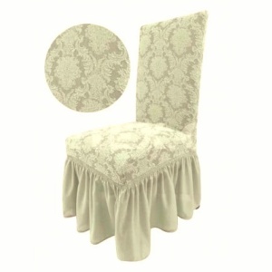 Set 6 huse elastice pentru scaune, cu volanas, model Jacquard Bej Deschis