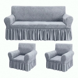 Set huse elastice pentru canapea 3 Locuri si 2 fotolii, cu volanas, model Jacquard Gri in dungi