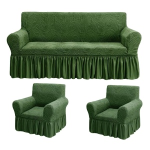 Set huse elastice pentru canapea 3 Locuri si 2 fotolii, cu volanas, model Jacquard Verde in dungi