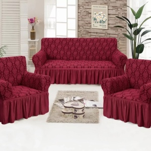 Set huse elastice pentru canapea 3 Locuri si 2 fotolii, cu volanas, model Jacquard Bordo