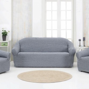 Set huse elastice si creponate pentru canapea 3 locuri si 2 fotolii, fara volanas, culoare Gri