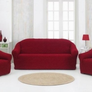 Set huse elastice si creponate pentru canapea 3 locuri si 2 fotolii, fara volanas, culoare Bordo