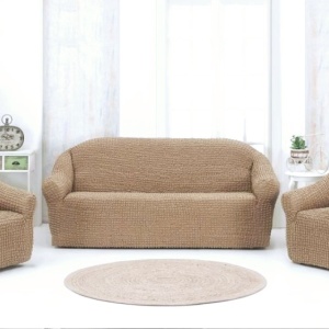 Set huse elastice si creponate pentru canapea 3 locuri si 2 fotolii, fara volanas, culoare Bej cacao cu lapte