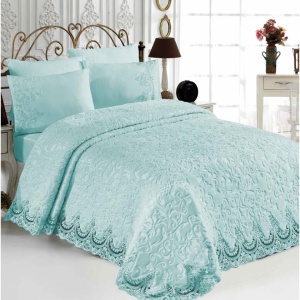 Set Luxury pentru pat, Patura cu dantela + Cearceaf de pat + 4 fete de perna, Mint