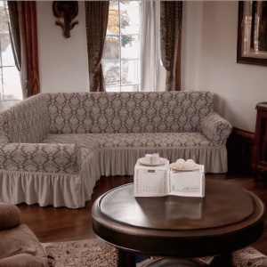 Husa elastica pentru coltar, cu volanas, model Jacquard Cappuccino