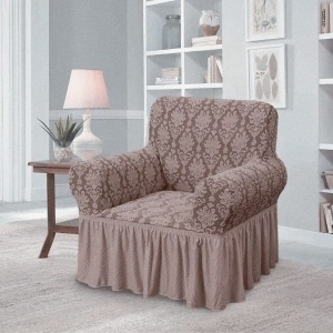 Husa elastica pentru fotoliu, cu volanas si model Jacquard Cappuccino
