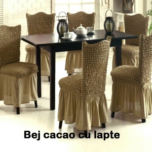 Set 6 huse scaune creponate si elastice, cu volanas, Bej Cacao cu lapte