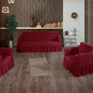 Set huse elastice pentru canapea 3 Locuri si 2 fotolii, cu volanas, model Jacquard Bordo in dungi - Img 4