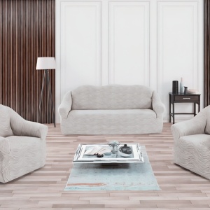 Set huse elastice pentru canapea 3 Locuri si 2 fotolii, fara volanas, model Jacquard Alb in dungi