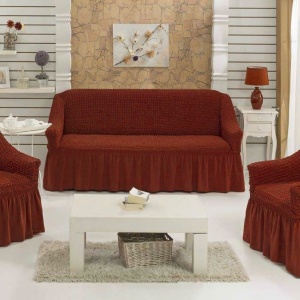 Set huse elastice si creponate pentru canapea 3 locuri si 2 fotolii, cu volanas, culoare Caramiziu