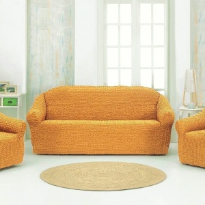 Set huse elastice si creponate pentru canapea 3 locuri si 2 fotolii, fara volanas, culoare Mustar deschis