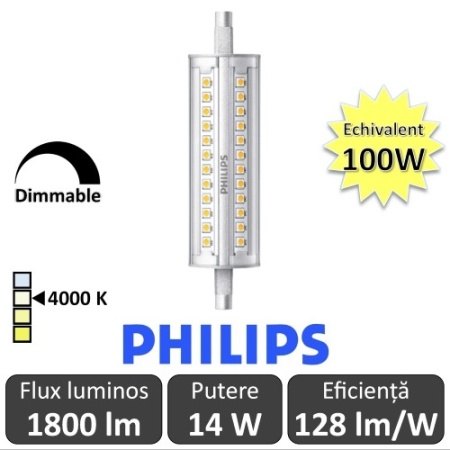 Bec LED Philips - CorePro LED linear R7S 118mm 14-100W 840 alb-neutru