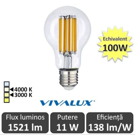 Bec LED Vivalux - Classic Filament LED 11W A60 E27 alb-cald sau alb-neutru