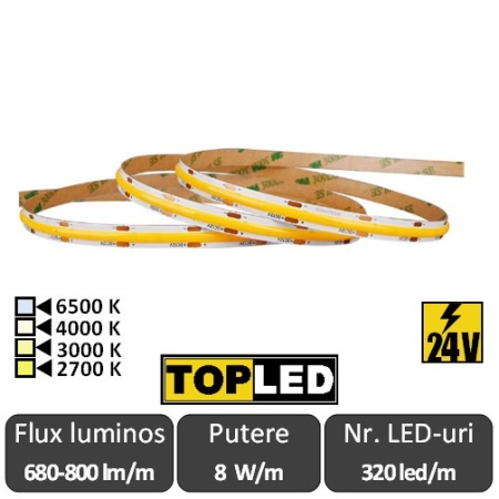 Bandă LED flexibilă COB 8W/m 320led/m CRI90 24V