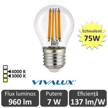 Bec LED Vivalux - Classic Filament LED 7W G45 E27 alb-cald sau alb-neutru