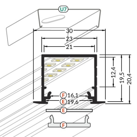 Profil LED încastrat LINEA IN 20, aluminiu neanodizat, lungime 2m - Img 2