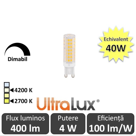 Bec Ultralux LED 4W Dimabil G9 alb-cald sau alb-neutru