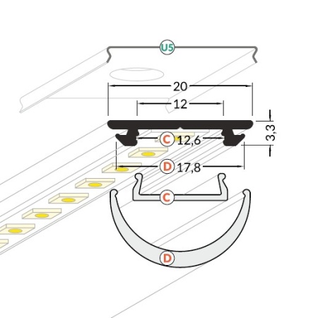 Profil LED aparent ARC 12, aluminiu neanodizat, lungime 2m - Img 3