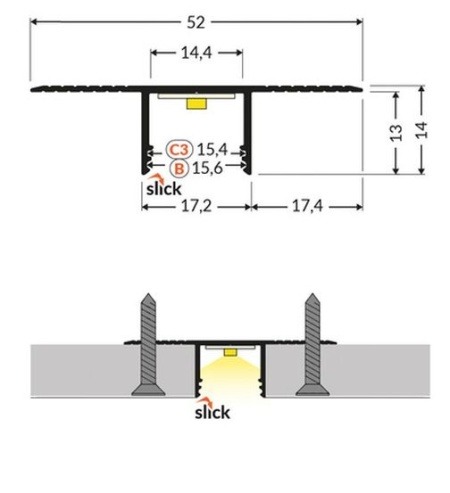 Profil LED încastrat PLANE14 IN, aluminiu neanodizat, lungime 2m - Img 4