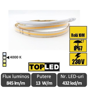 Bandă LED flexibilă COB 230V 13W/m 432led/m CRI90 4000K, IP67,rolă 10 metri