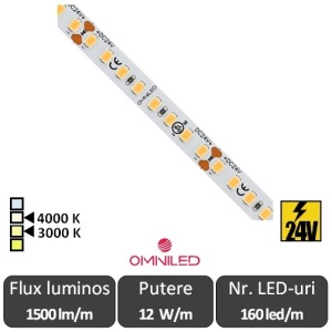 Bandă LED flexibilă Omniled - SMD2835 12W/m CRI95 24V 160led/m rolă 5m alb-cald sau neutru
