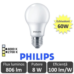 Bec LED Philips - LED bulb set 3 bucăți 8W -60W A60 E27 alb-cald sau alb-neutru