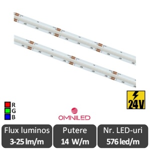 Bandă LED flexibilă COB RGB 14W/m 576led/m CRI90 24V IP20