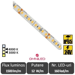 Bandă LED flexibilă Omniled - SMD2835 12W/m CRI95 24V 160led/m IP65 rolă 5m alb-cald sau neutru
