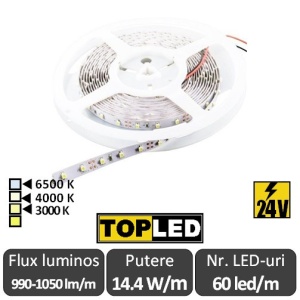 Bandă LED flexibilă - SMD2835 14.4W/m CRI94 24V 60led/m rolă 5m alb-cald,neutru sau rece