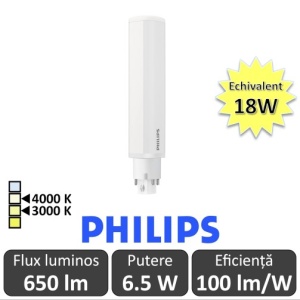 Philips bec LED PL-C 6.5W 4 pini 3000/4000K alb-cald/alb-neutru