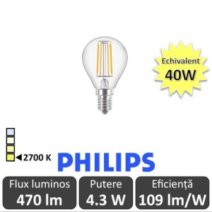 Bec LED Philips - Classic Filament LED 4.3-40W P45 E14 827 alb-cald