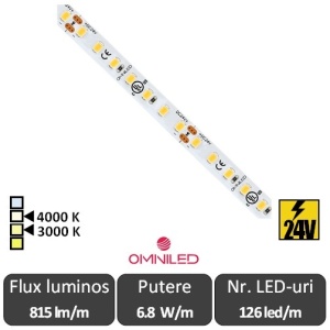 Bandă LED flexibilă Omniled - SMD2835 6.8W/m CRI90 24V 126led/m rolă 5m alb-cald sau neutru
