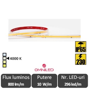 Bandă LED flexibilă Premium COB 230V 10W/m 296led/m CRI90 4000K, IP65,rolă 10 sau 25 metri