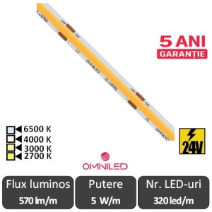 Bandă LED flexibilă COB premium 5W/m 320led/m CRI90 24V