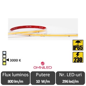 Bandă LED flexibilă Premium COB 230V 10W/m 296led/m CRI90 3000K, IP65,rolă 10 sau 25 metri