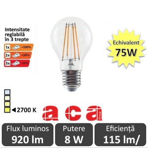 Bec LED Aca Filament Dimabil 3 trepte 8W E27 Clar alb-cald
