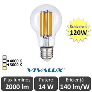 Bec LED Vivalux - Classic Filament LED 14W A60 E27 alb-cald sau alb-neutru