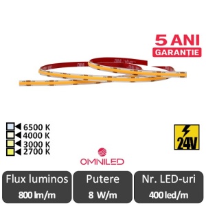 Bandă LED flexibilă COB SLIM 5mm premium 8W/m 400led/m CRI90 24V