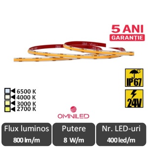 Bandă LED flexibilă COB SLIM 5mm premium 8W/m 400led/m CRI90 24V