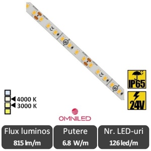 Bandă LED flexibilă Omniled - SMD2835 6.8W/m CRI90 24V 126led/m IP65 rolă 5m alb-cald sau neutru