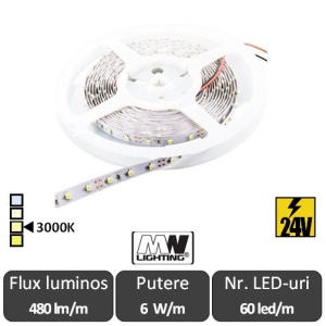 Bandă LED flexibilă -MPL SMD3528 6W/m 60led/m 24V rolă 5m alb-cald