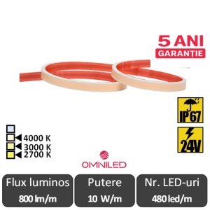 Omniled Bandă LED flexibilă de saună Premium COB 10W/m 480led/m CRI90 24V, IP67,rolă 10m