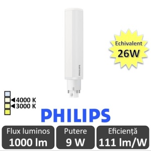 Philips bec LED PL-C 9W 4 pini 3000/4000K alb-cald/alb-neutru