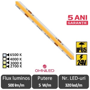 Bandă LED flexibilă COB premium 5W/m 320led/m CRI90 24V