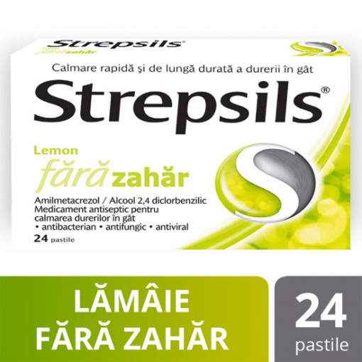 Strepsils Lemon fara zahar x 24 comprimate de supt