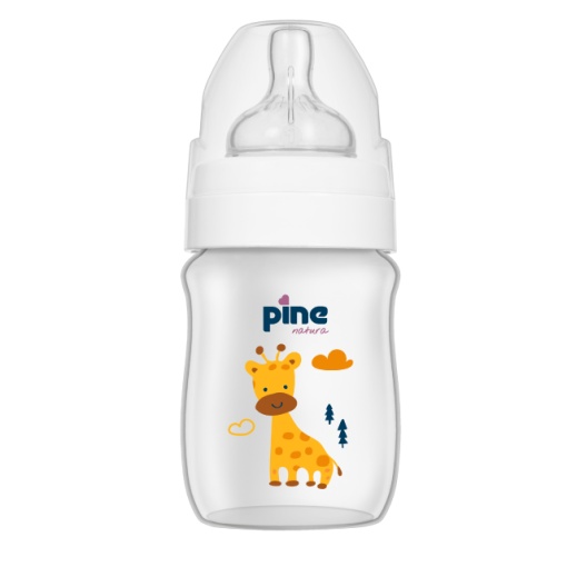 Pine Natura Biberon cu gat larg si tetina 0-6 luni, model Alb x 150ml