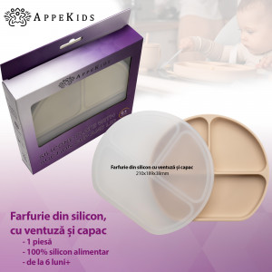 Farfurie Silicon cu Capac Appekids Bubble Beige - Img 5